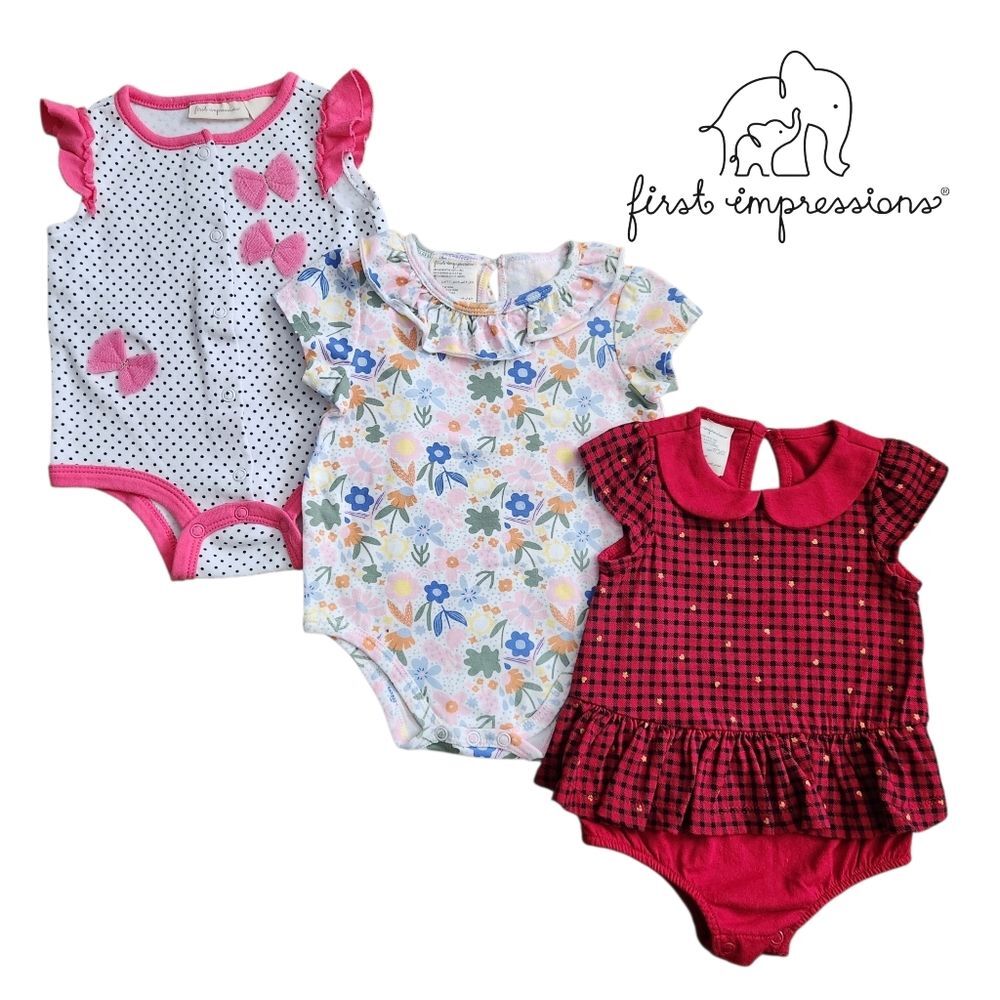 3-Piece Macy's First Impressions Baby Girl Floral Pink Red Bodysuits 3-6 Months